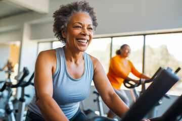 Middle aged African American woman on stationary exercise bike at gym, maintaining a healthy lifestyle, focused on exercises