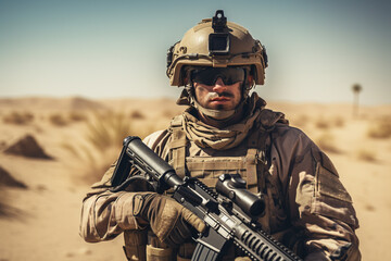 soldier in soldier's uniform with large rifle weapon, soldier's helmet, in desert area or similar, fictitious place