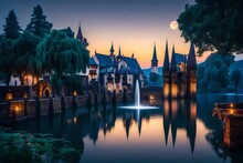 Medieval town amidst a lake with a fountain of a goddess illuminated by moonlight - AI Generative