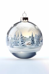 Wall Mural - Christmas decoration ball on which decorated Christmas tree covered with snow is. New Year 3d Illustration. Shiny glitter ornament on white background.