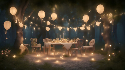 Canvas Print - 3d rendering of a romantic dinner in the forest with candles and lights