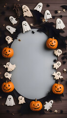 Halloween decoration with pumpkins. ghosts and spiders on wooden background