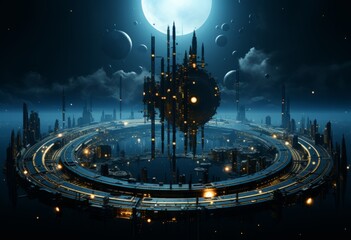 Wall Mural - an abstract technology background with circles and blue lights. generative ai.
