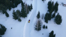 Top View Of Snowmobile Driving Along Forest Road. Clip. Snowmobile Rides On Beautiful Snow-covered Country Road. Winter Snowmobile Trail In Forest Area