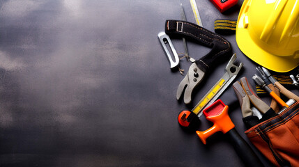 Various handy tools on a dark background represent a Labor Day concept.