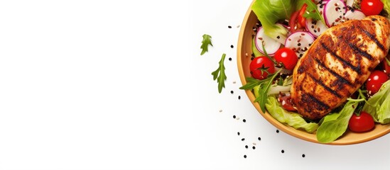 Poster - Top down view of a keto friendly bowl featuring grilled chicken fresh veggie salad and seeds