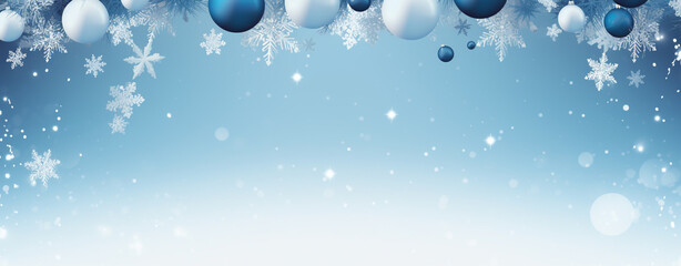 Canvas Print - CHRISTMAS CARD ABSTRACT BACKGROUND WITH NEW YEAR BALLS SNOWFLAKES ON BLUE BLURRED BACKGROUND. Generative Ai