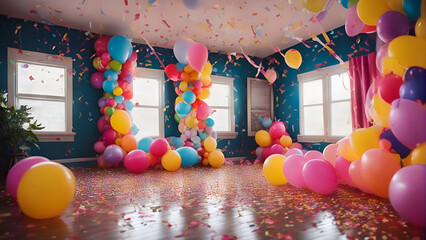 Canvas Print - Colorful balloons and confetti flying in blue room. 3d rendering