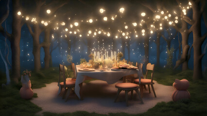 Canvas Print - 3d rendering of a romantic dinner in the forest with lights and trees