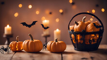 Halloween Background With Pumpkins. Bats And Candles On Wooden Table