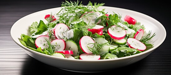 Wall Mural - Healthy vegan salad with radish cucumber lettuce dill and green onion