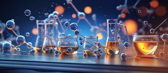 a science themed background with podium and glassware containing molecules or atoms for banners or i