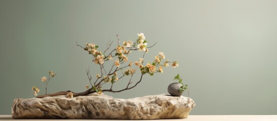 Wall Mural - Empty podium with natural materials presenting a beautiful beige and green background