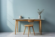 rustic wooden table with chairs in a blue bathroom