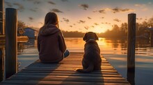 Relaxing With Her Best Friend Rear View Of Little Girl And Her Dog Sitting Near The Lake While Spending Time Outdoors : Generative AI