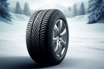 Canvas Print - New car tires on the snow. Background with selective focus and copy space