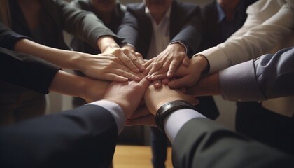 Aufkleber - Together we are stronger Group of happy business people holding hands together while sitting around the desk : Generative AI