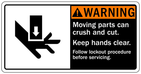 Crush and cut hazard warning sign and labels Moving parts and materials can cut and crush. Keep hands clear. Follow lockout procedure before servicing. Do not operate with guard removed