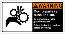 Crush And Cut Hazard Warning Sign And Labels Moving Parts And Materials Can Cut And Crush. Keep Hands Clear. Follow Lockout Procedure Before Servicing. Do Not Operate With Guard Removed