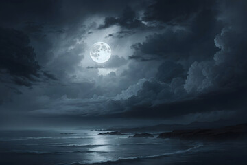 a hauntingly beautiful full moon partially obscured by clouds