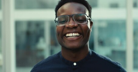Poster - Face, smile and black man with business, career and office with professional, formal and glasses. Portrait, African person and happy employee in a workplace, happiness and corporate with eyewear