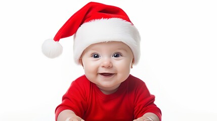 Wall Mural - a closeup photo portrait of a cute little kid baby boy model smiling laughing. wearing a red santa cap hat at christmas. isolated on white studio background. Generative AI