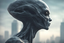 Alien Face Profile, Blurred City Background. Humanoid Cinematic Character. UFO Horizontal Banner. Extraterrestrial Face, Generated By AI