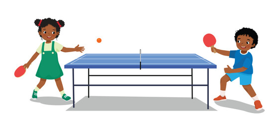 Poster - Cute little African kids boy and girl playing table tennis ping pong together