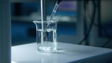 Fototapeta  - Rotating substance in glass of liquid in laboratory. Stock footage. Chemical experiment with substance and liquid in flask. Professional chemical experiment in laboratory