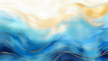 Abstract Blue Wave With Gold Lines Watercolor Texture Painting. Colorful Art Teal, Yellow Wavy Ink Lines Fairytale Background. Bright Colorful Water Waves. Ocean Beach Illustration Mobile Web Backdrop