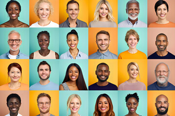 Wall Mural - collage of portraits and faces of smiling multiracial group of various diverse people for profile pi