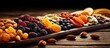 Assorted dried fruits and nuts on a dark wood backdrop with focused contrast
