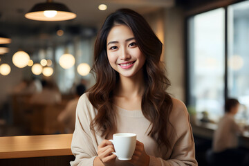 Wall Mural - Happy young Asian woman drinking coffee in cafe on weekend. Ai generative