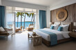 Sea view bedroom with comfy bed, beach bed at the terrace, natural light and  tropical plants in luxury beach house or modern villa. Home interior, tropical resort concept. Generative Ai, illustration