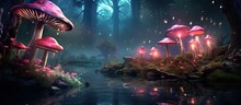 Glowing Mushrooms In Enchanted Fairy Tale Landscape With A Blooming Pink Rose Garden And A Moonlit Night
