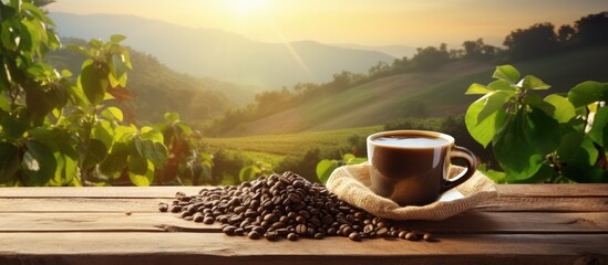 Wall Mural - Front view of a wooden table with freshly brewed coffee a sack of beans plants coffee fields in the background and sun rays
