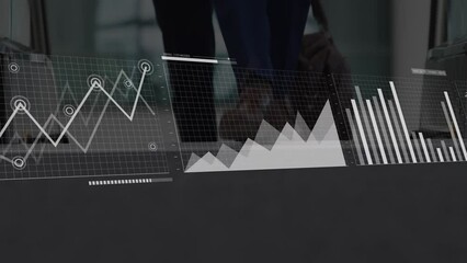 Poster - Animation of graphs, loading bars and map over diverse businesspeople getting up using escalator