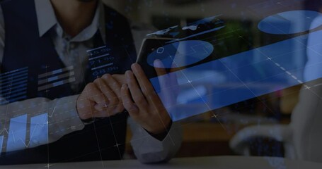 Poster - Animation of infographic interface over midsection of caucasian man scrolling on smartphone