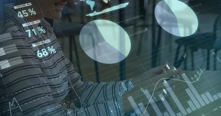 Poster - Animation of infographic interface over caucasian woman scrolling on smartphone