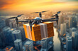 © Jaroslav Machacek - Drone with package flying over modern big city