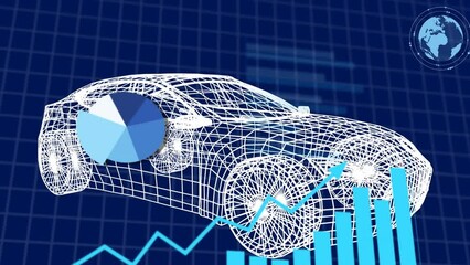 Poster - Animation of graphs, changing numbers, globe and 3d model of car over blue background