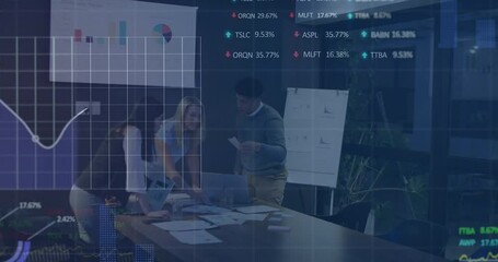 Poster - Animation of stock market data processing against diverse colleagues discussing together at office