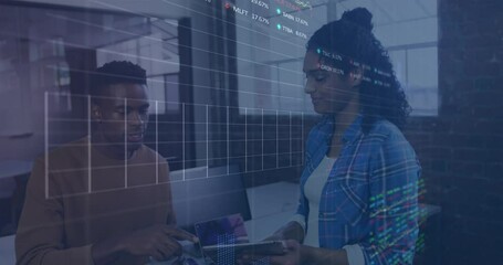 Poster - Animation of stock market data processing against diverse man and woman discussing at office