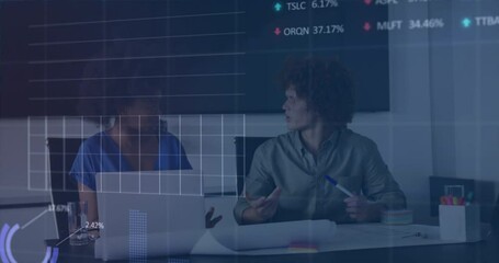Poster - Animation of stock market data processing against diverse man and woman discussing at office