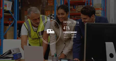 Poster - Animation of data processing over diverse supervisors and workers discussing together at warehouse