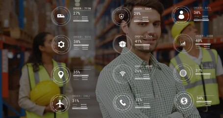 Poster - Animation of data processing against portrait of caucasian male supervisor smiling at warehouse