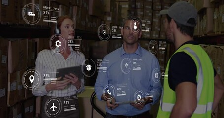 Poster - Animation of data processing over diverse supervisors and workers discussing together at warehouse