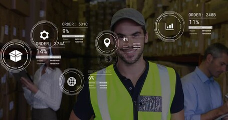 Poster - Animation of data processing against portrait of caucasian male worker smiling at warehouse