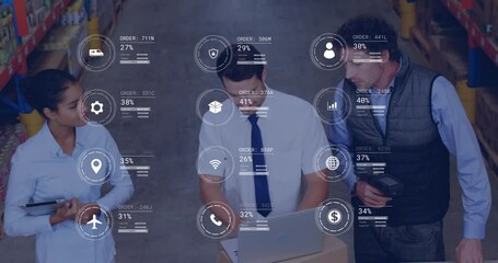 Poster - animation of data processing against diverse team of supervisors discussing together at warehouse