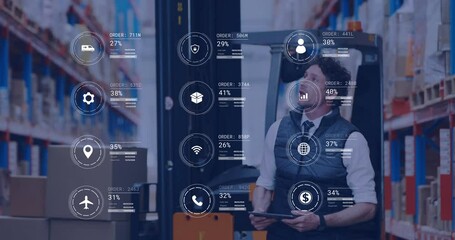 Poster - Animation of data processing over caucasian male supervisor using tablet checking stock at warehouse